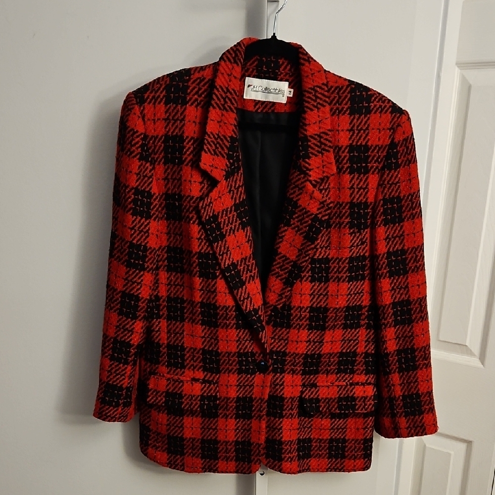Vintage JH Collectibles Red Black Plaid Blazer Jacket Women’s Size 14 USA